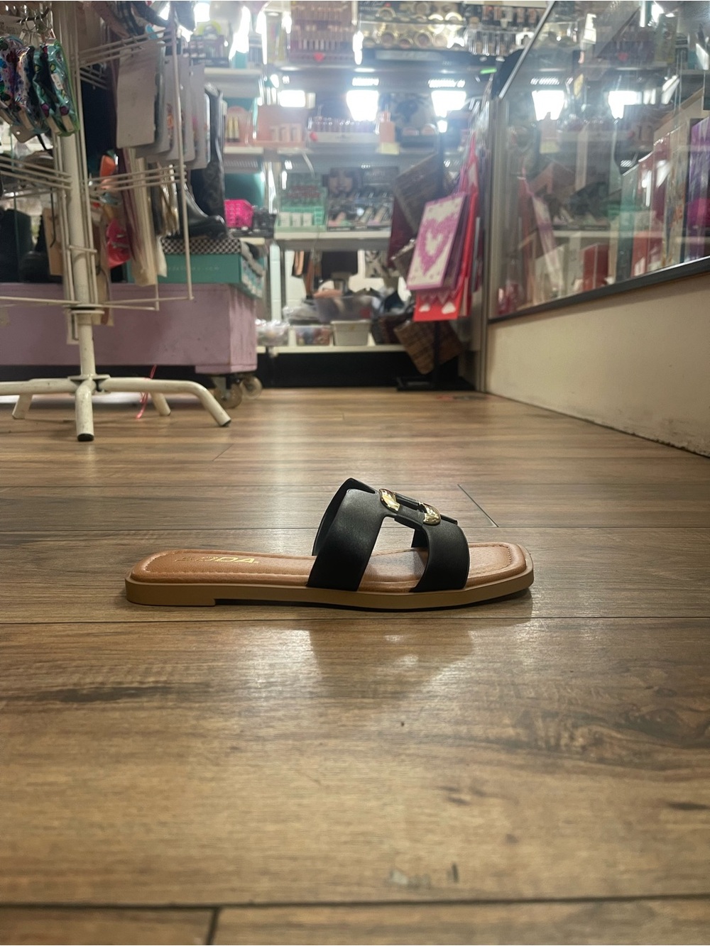 Women's Black Slide Sandals with Gold Accent